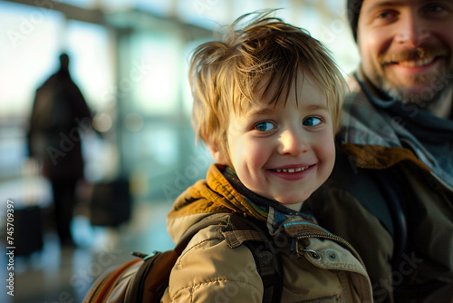 Smiles in the Airport with Father and Son. Generative AI