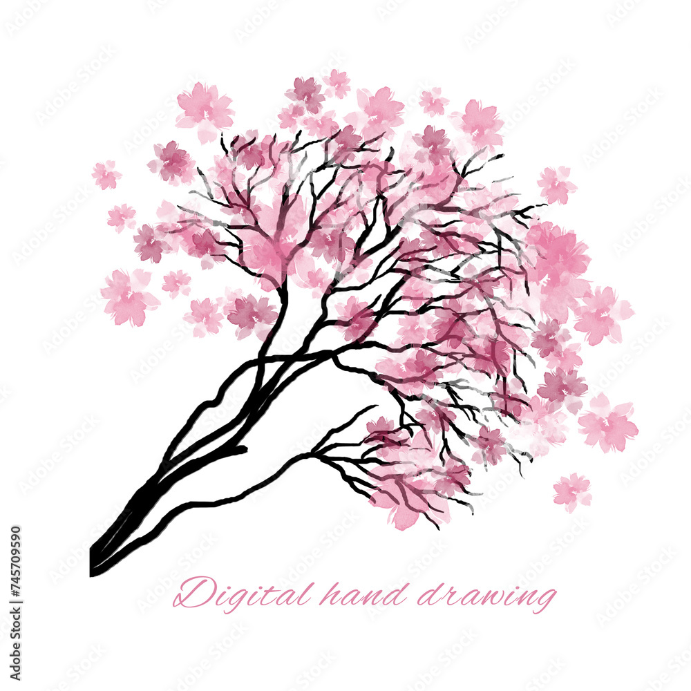 A spring tree with pink flowers on a white background. Flowering branches of a spring tree, hand-drawn