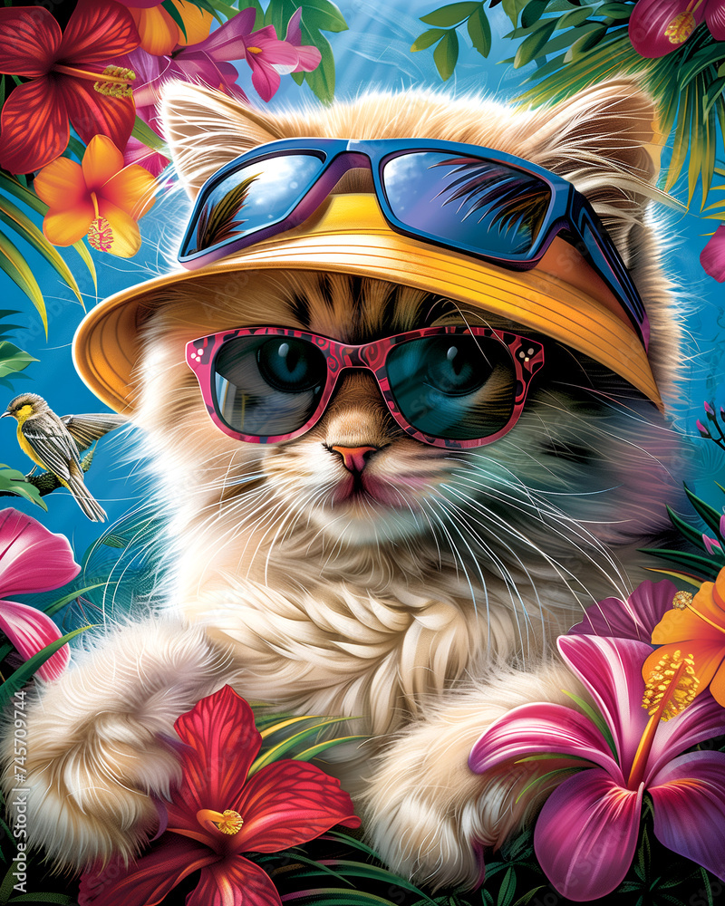 a bright painting of a cat surrounded by tropical plants and flowers. Cat in sunglasses. Illustration for posters, books, banners, appliques on T-shirts and clothes