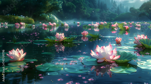 Pink water lily in a pond with water lilies, Serene Pond with a Beautiful Lotus Flower