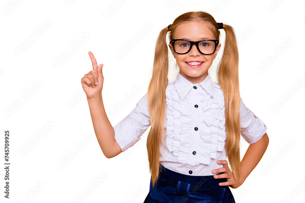 Answer analyze ponder question concept. Close up studio photo portrait of cute charming adorable lovely intellectual girl having good great idea isolated vivid shine background