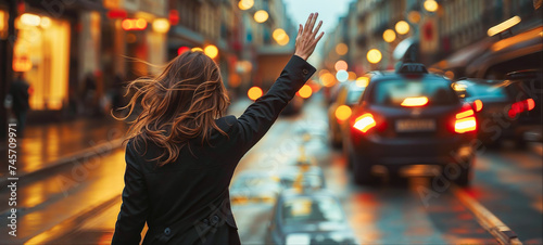 une femme vue de dos lève la main pour appeler un taxi dans une rue