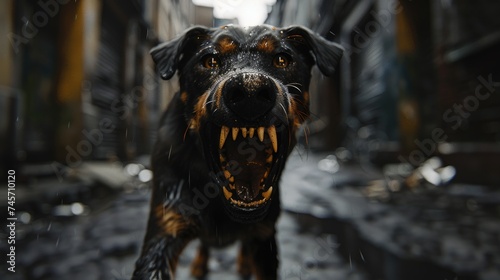 Intense Close-up of Snarling Dog Showing Teeth in Rainy Urban Setting