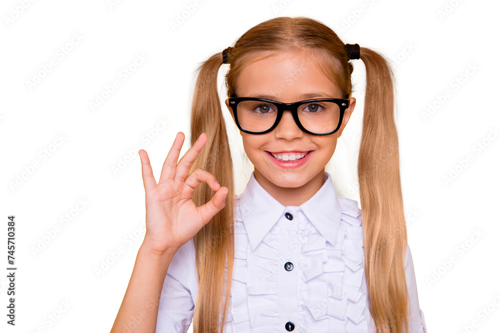 Fun joy enjoy like advert people person concept. Close up studio photo portrait of cute sweet lovely adorable cheerful with toothy smile girl making ok symbol isolated vivid shine background