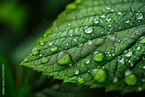 Close-up of rainwater drops adding elegance to a fresh green leaf in macro