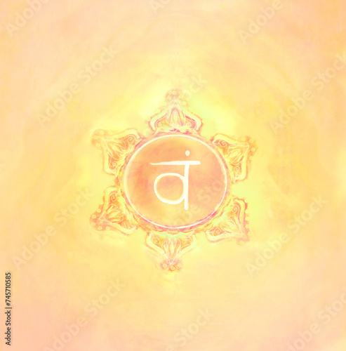 Second chakra raster illustration of Svadhishthana - Sacral chakra on watercolor background. Circle mandala pattern