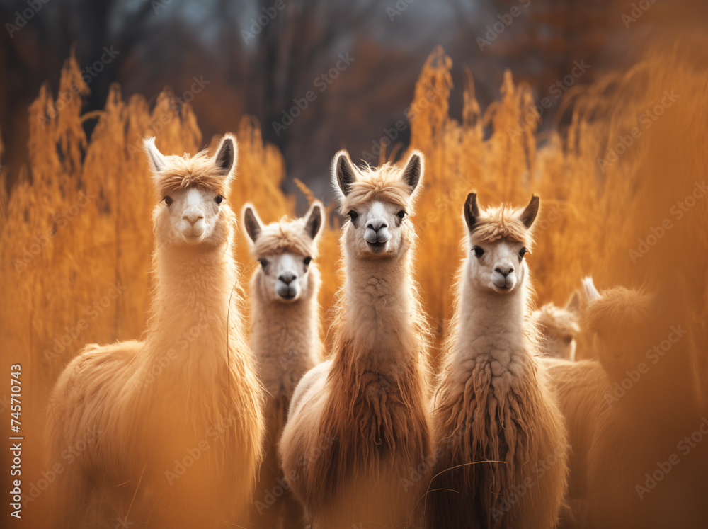 Gruppe von Lamas in einem Feld, Ein helles Lama mit neugierigem Blick Gruppe von Lamas in einem Feld, Ein helles Lama mit neugierigem Blick