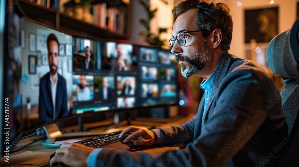 Professional Man Engaging in a Virtual Team Meeting from Home Office