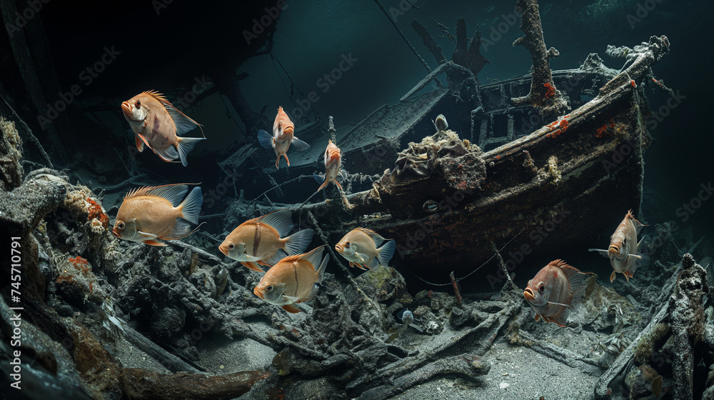 Fish and Sunken Ship's Frame - obrazy, fototapety, plakaty 
