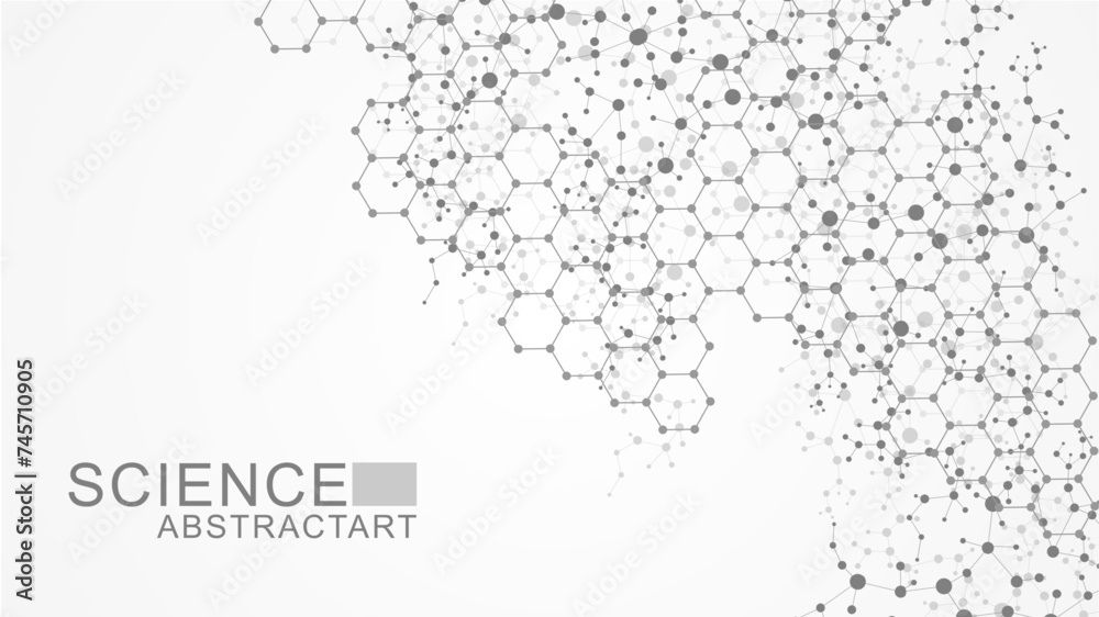 Modern science background with lines, dots and hexagons. Wave flow abstract background. Molecular structure for medical, technology, chemistry, science. Vector illustration