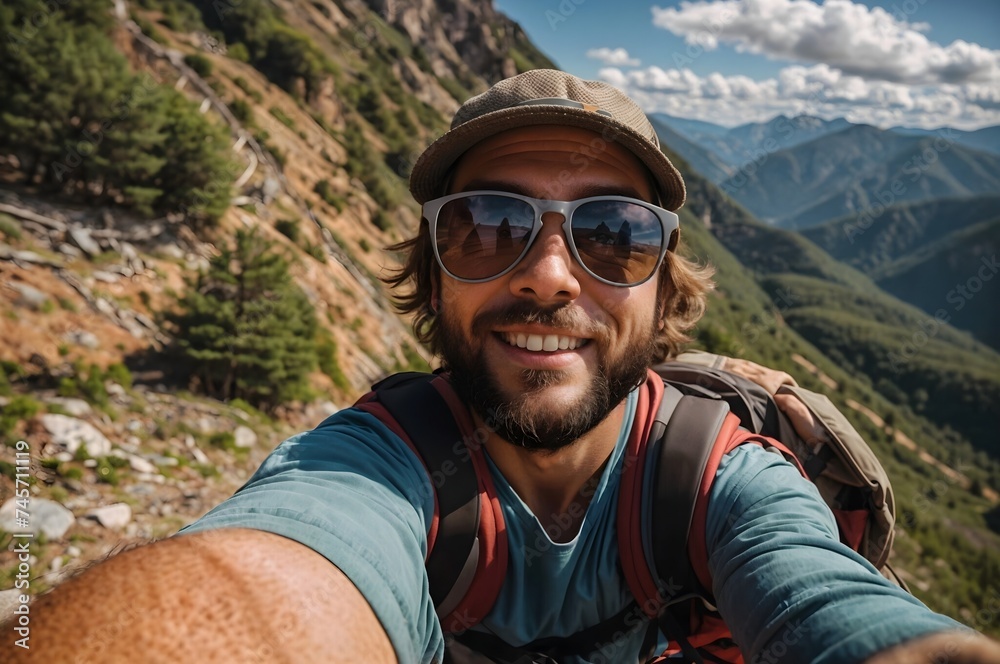 A young male hiker takes a selfie on top of a mountain, young backpacker smiling, tourism and travel