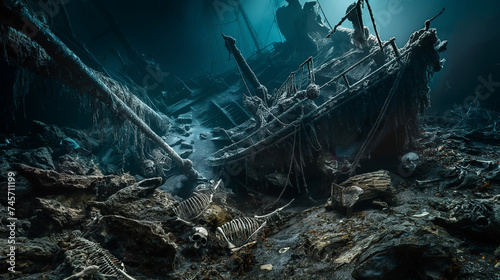 wreck of the ship under deep sea