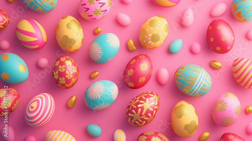 Easter card with pastel colors Easter eggs with gold decor on pink background. idea for easter decor