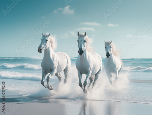 white horses galloping on the beach  blue sky and sea landscape