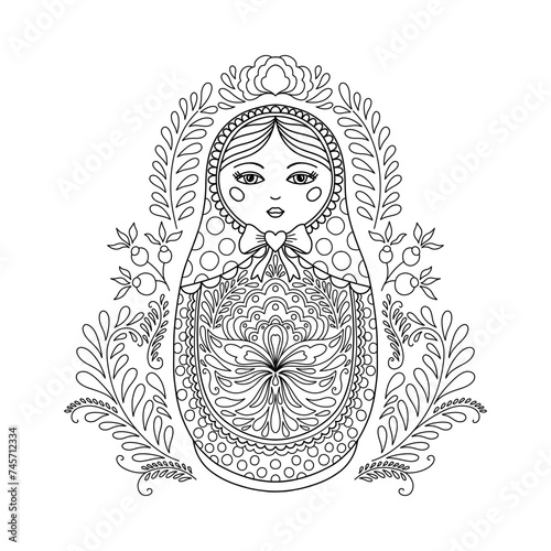 Traditional Russian nesting doll. Matryoshka Painted with floral patterns. Suitable doll for a coloring book, drawn in a linear style.