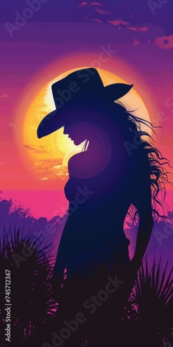 Cowgirl in Shadow with Sunset Background - Country Rock Woman Silhouette Cover Illustration Wallpaper created with Generative AI Technology © Sentoriak