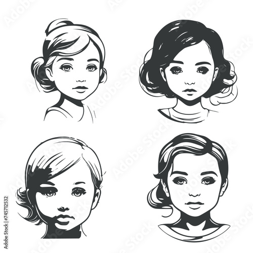 A Set of Conceptual Ink Drawing Illustration of  Baby  Girl Face Art Portraits