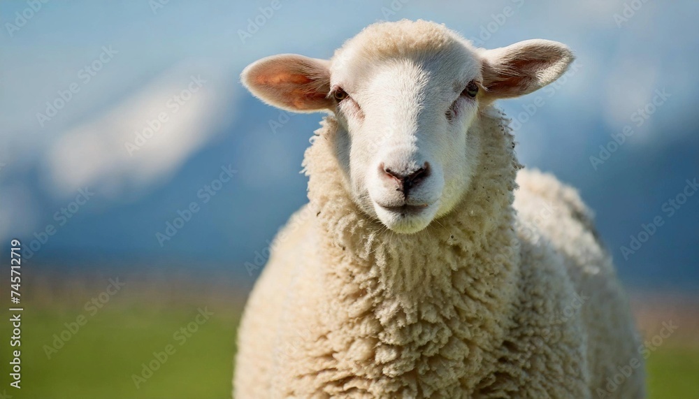 Fototapeta premium White fluffy sheep looking at camera. Young domestic animal.