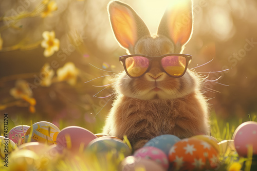 Easter bunny in sunglasses sitting surrounded easter eggs on the meadow