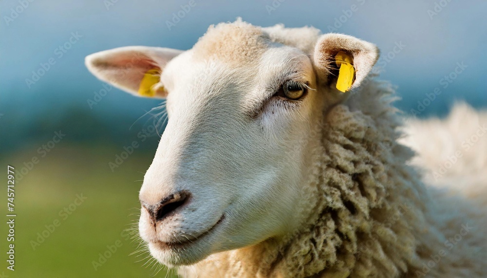 White fluffy sheep looking at camera. Young domestic animal.