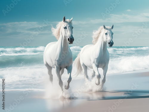 white horses galloping on the beach  blue sky and sea landscape