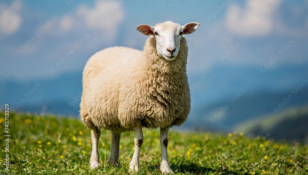 Fototapeta premium White fluffy sheep looking at camera. Young domestic animal.