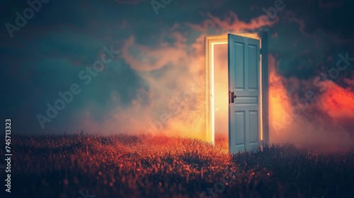 Surreal scene with an open door glowing in a mystical field under a dramatic sky. photo