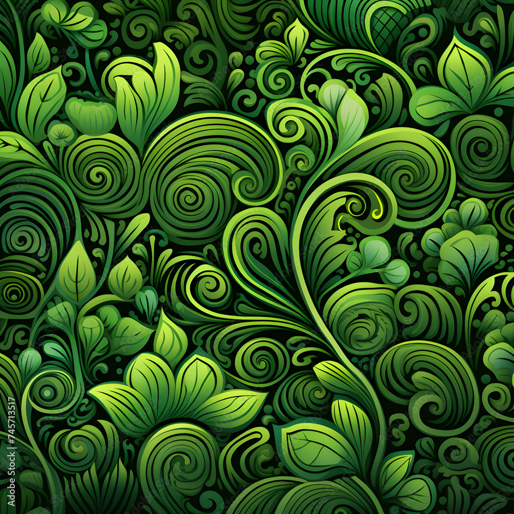 St. Patrick's Day pattern of shamrock, symbol of Patrick's day. Green background. Clover leaves backdrop. Irish Celtic pattern. 