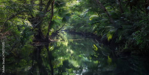 the beauty of a tranquil jungle river winding its way through dense foliage, with reflections of towering trees mirrored on the calm water's surface realistic High-resolution photography