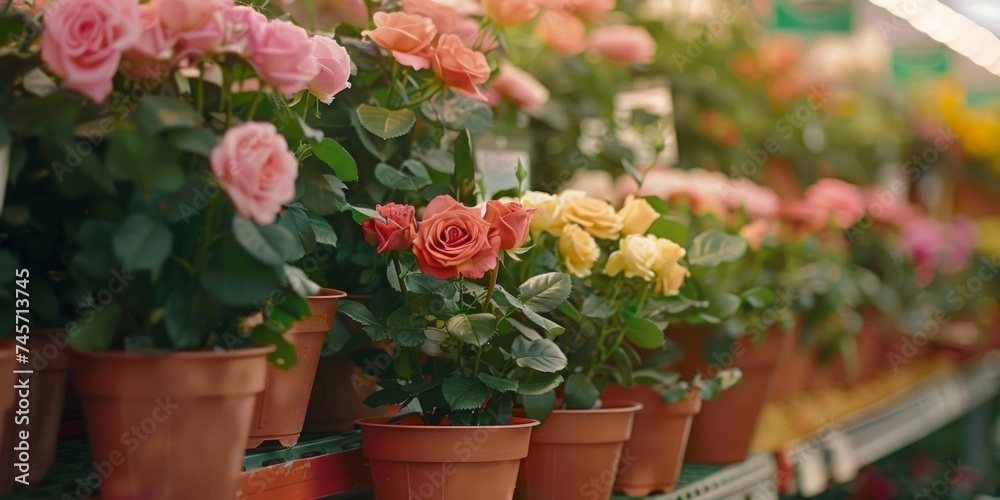 Rows of colorful potted roses arranged neatly on a garden center shelf, ready for planting.