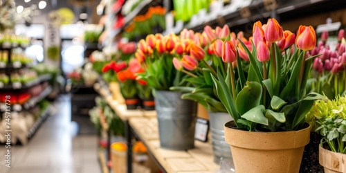 A vibrant display of fresh tulips in a flower shop, with focus on the vivid petals and green leaves.