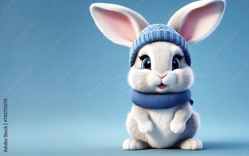 Toy rabbit with electric blue hat and scarf, whiskers and floppy ears