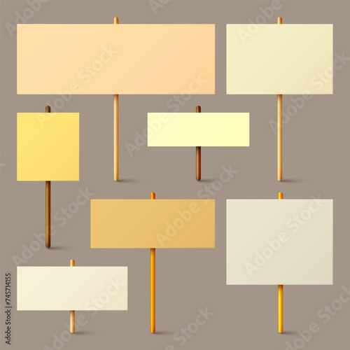 Blank colorful protest sign with wooden holder. Realistic vector demonstration banner. Strike action cardboard placard mockup