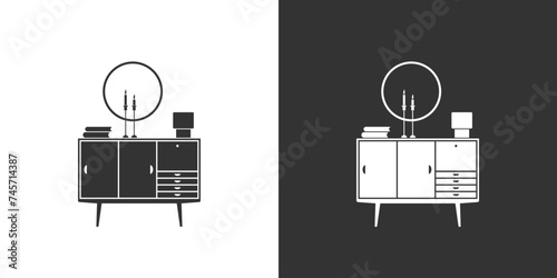 Interior icon on black and white background. Flat furniture icon with nightstand
