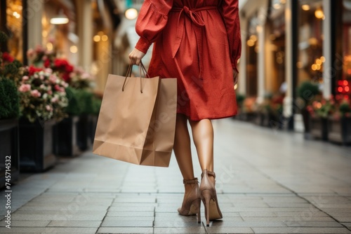 Woman in red coat carrying shopping bags. Generative AI