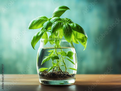 a bunch of basil in a vase of water to keep it fresh and regrow later photo