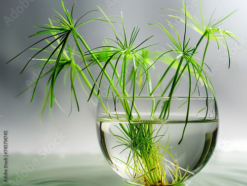 Papyrus plant grows in glass vase with water. generatd ai