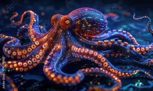 A cybernetic octopus, its tentacles interfaced with blockchain nodes, stealthily navigating a digital ocean as an assassin of data breaches © Orawan