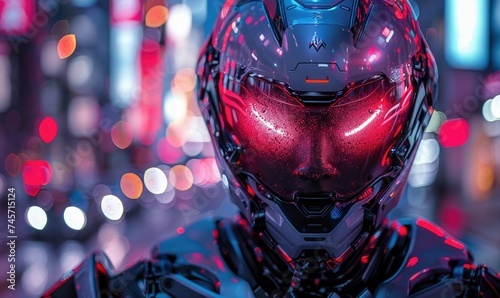 Close-up of a modern samurai, helmet glowing with neon, eyes piercing through the visor, cybernetic armor reflecting the citys lights