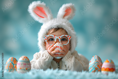 cute little child with bunny ears holds Easter eggs by the eyes, Easter holiday card with copy space