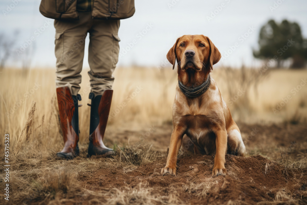 A hunting dog with short golden brown fur sits on the ground in an open field at the feet of the hunter. A hunting dog with short golden brown fur sits on the ground in an open field at the feet of the hunter.