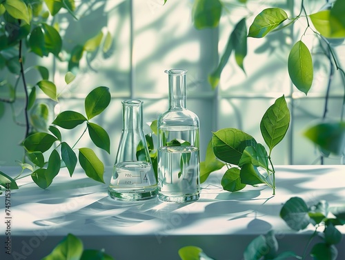 A clear glass beaker and a conical flask surrounding vibrant green leaves 