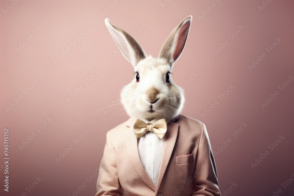 An anthropomorphic rabbit in a beige suit jacket over a crisp white shirt, complete with a cream-colored bow tie