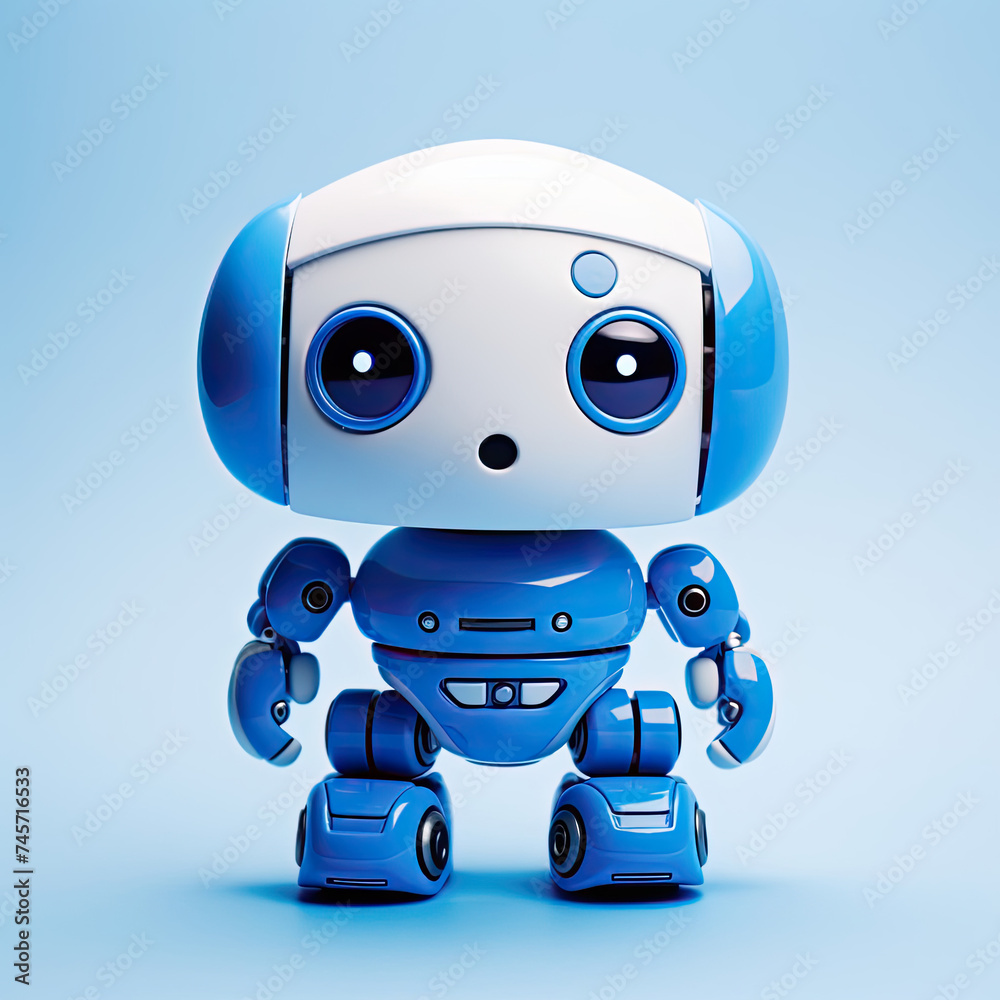 Blue and White Robot Toy on Blue Background Blue and White Robot Toy on Blue Background