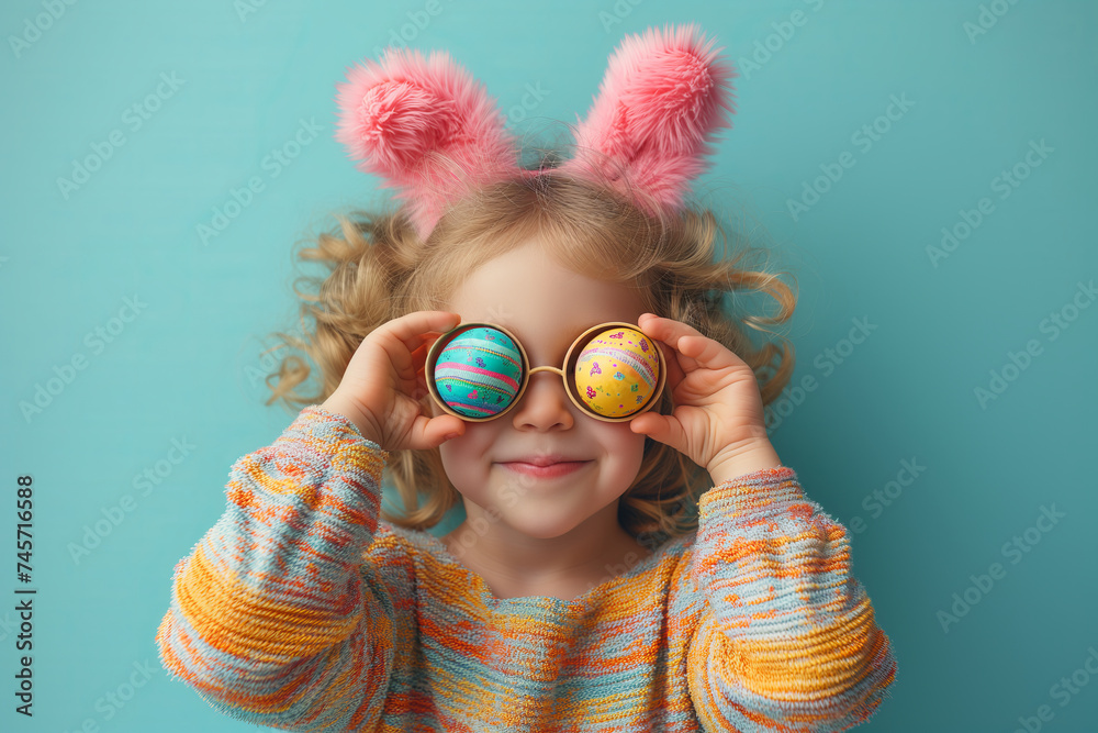 cute little girl with bunny ears holds Easter eggs by the eyes, Easter holiday card with copy space
