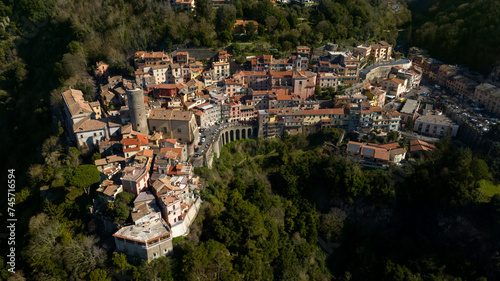 Aerial view of Nemi, a town and comune in the Metropolitan City of Rome, Italy. It is located in the Alban Hills. The historic center is included in the Castelli Romani regional park. photo
