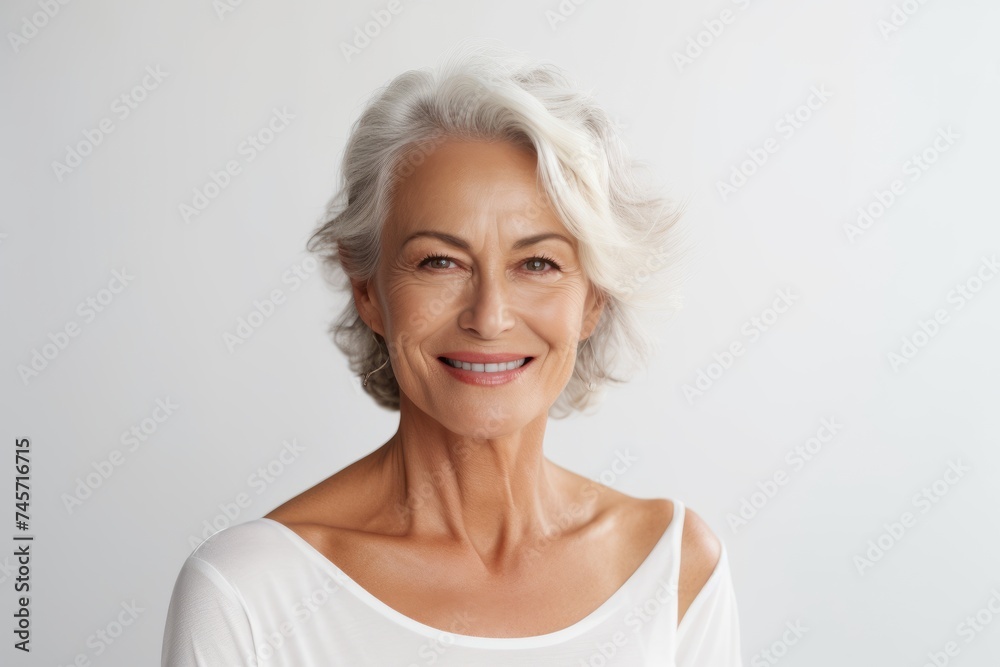 Portrait of happy mature woman with short white hair looking at camera over grey background