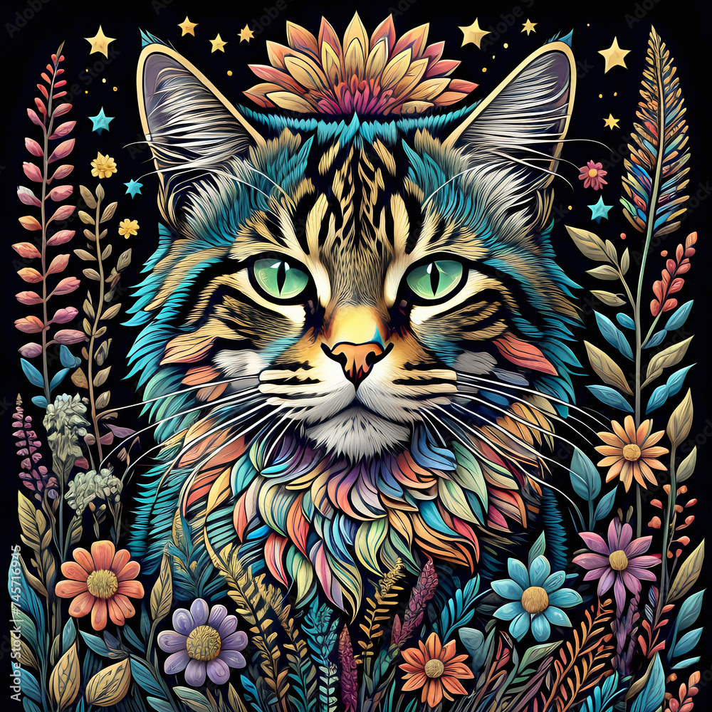 A colorful cat among wildflowers against a starry night sky. Multicolored illustration on black background.