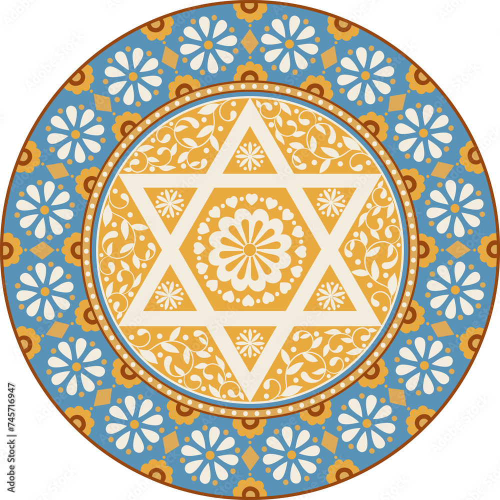 Vintage style ornamental mandala with folk motifs and hexagram