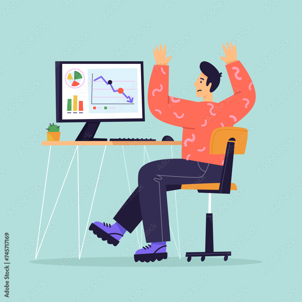 Fototapeta premium Crisis. Stress. Man not happy sitting at the computer. Bad statistics. Flat illustration